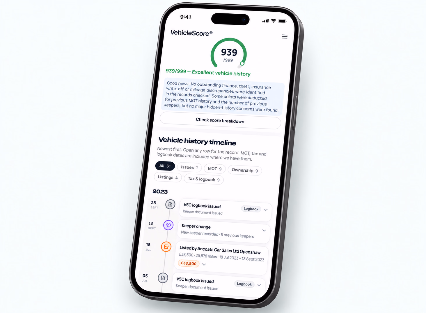 VehicleScore Hidden History timeline on a phone, with dated vehicle events in a single list